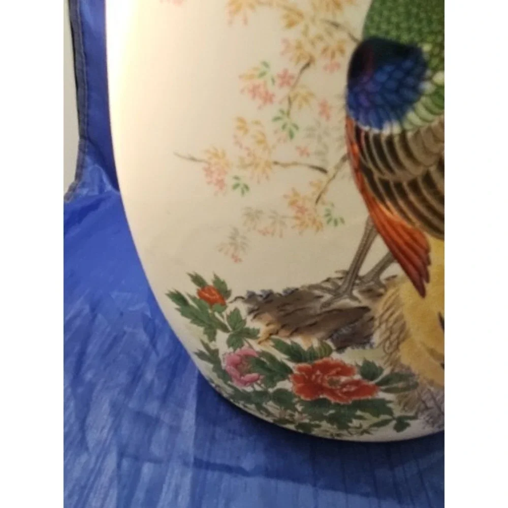 Vintage Satsuma Flat Oval Vase Peacock Floral Design Gold Trim Japanese Ceramic